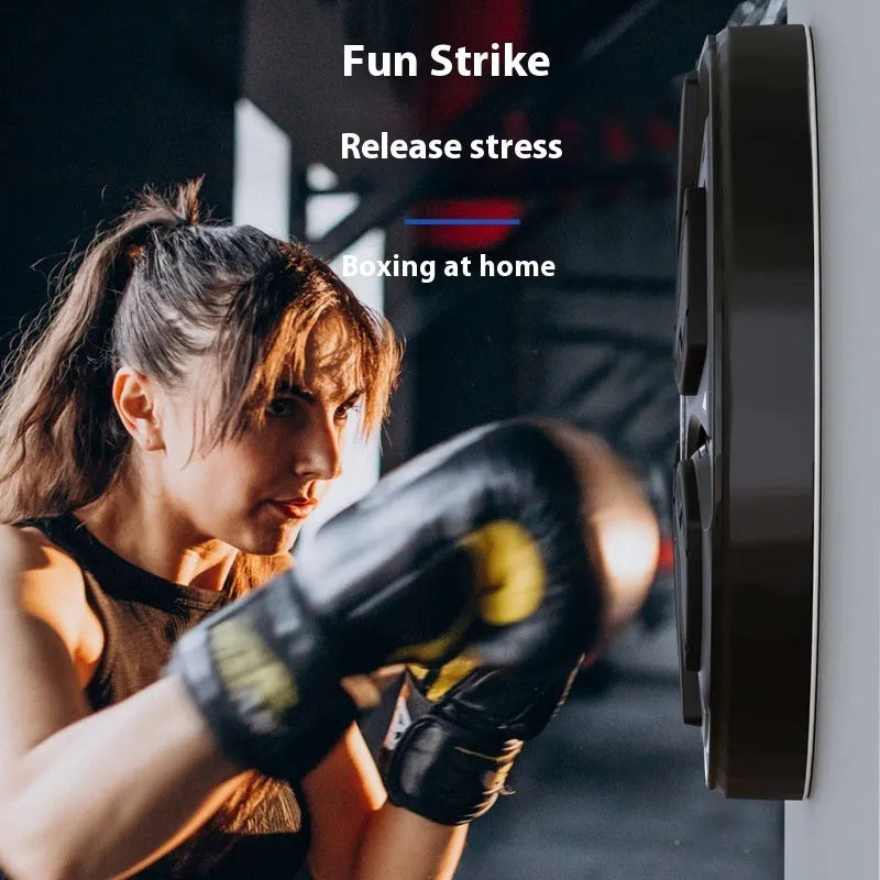 Black intelligent music boxing machine wall target with leather surface and included training gloves