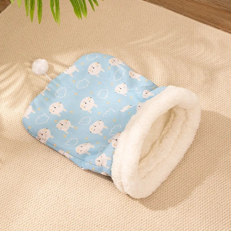 Flannel cat sleeping bag nest in pink Trojan, blue rabbit, or striped pattern, measuring 50cm by 40cm