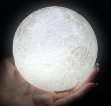 3D printed moon lamp with touch metal ring control on wooden stand, showing white and yellow light settings
