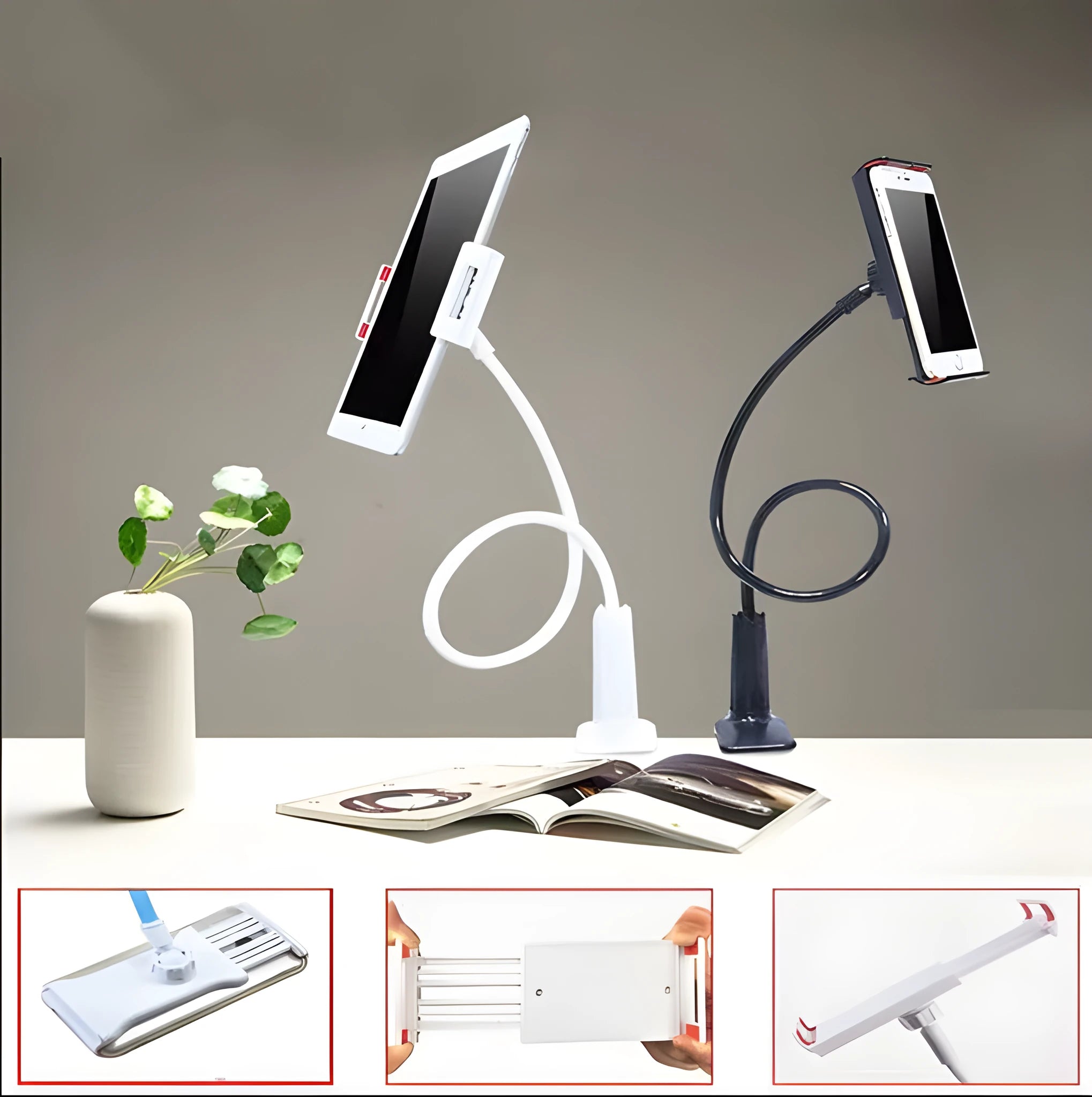 Black bedside oversize flat panel mobile phone stand with long flexible arm extended on a wooden table.
