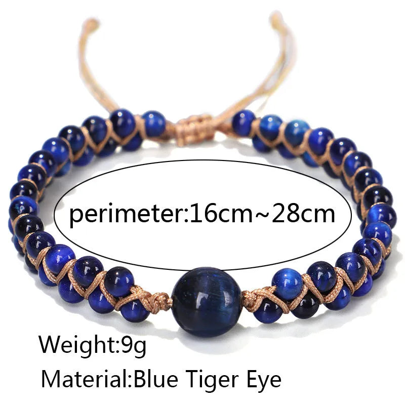 Handmade woven geometric pull bracelet with blue tigereye stone beads.