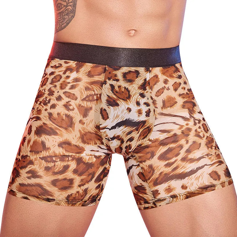 Men's leopard print boxer shorts with nylon fabric and free-size elastic construction