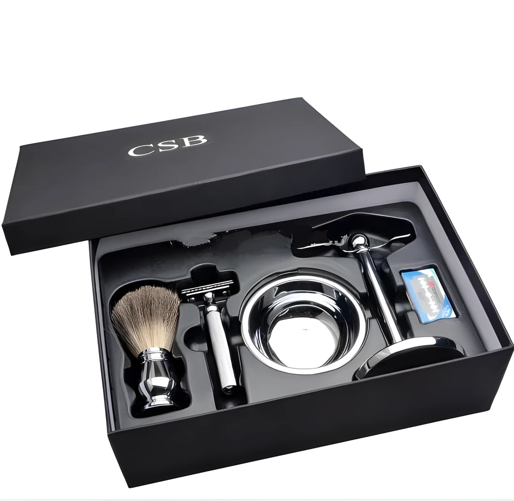 CSB men's shaving set with chrome stand, badger hair brush, double edge razor, zinc bowl, and blades in a black box.