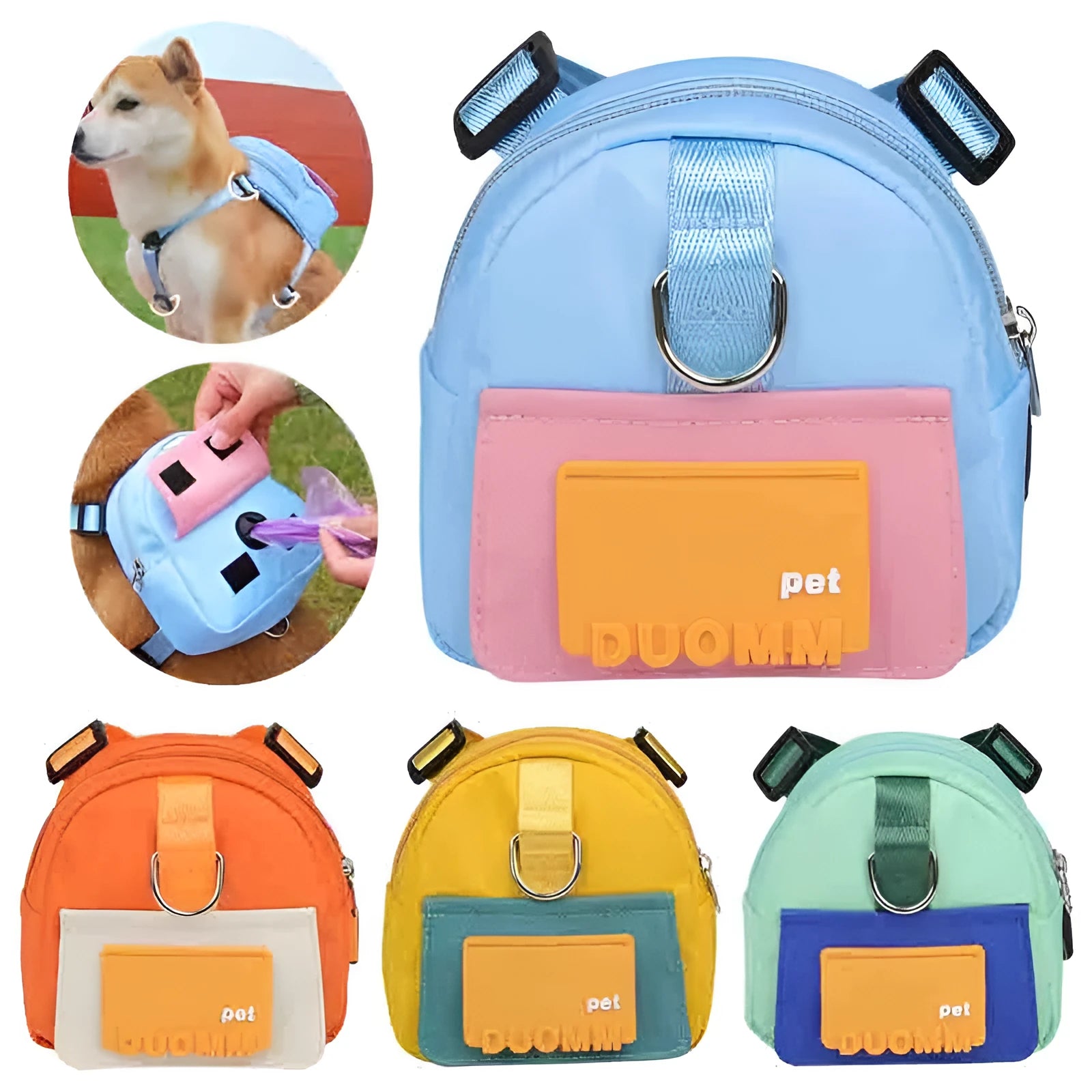 Blue multifunction dog backpack with adjustable harness, storage compartment, and attached tow rope on medium-sized dog