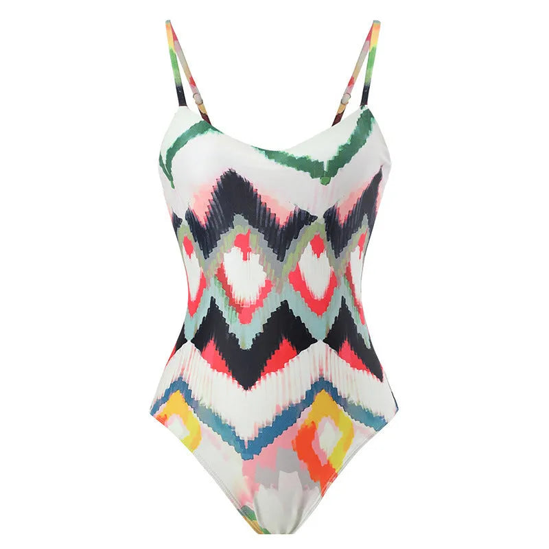 Women's gradient striped swimsuit set with matching hip skirt in polyester fabric