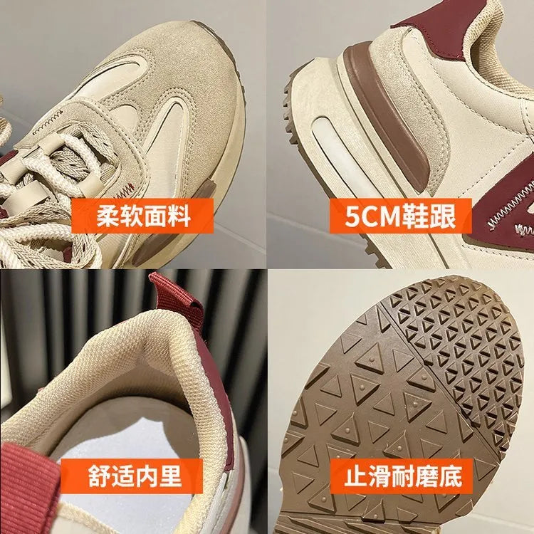 Women's black and khaki red retro platform sports shoes with lace-up front and rubber sole.