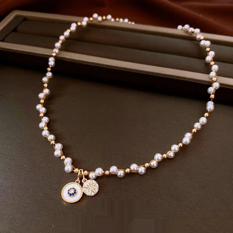 Gold plated zircon pearl round pendant necklace on clavicle chain with adjustable 41-50cm length