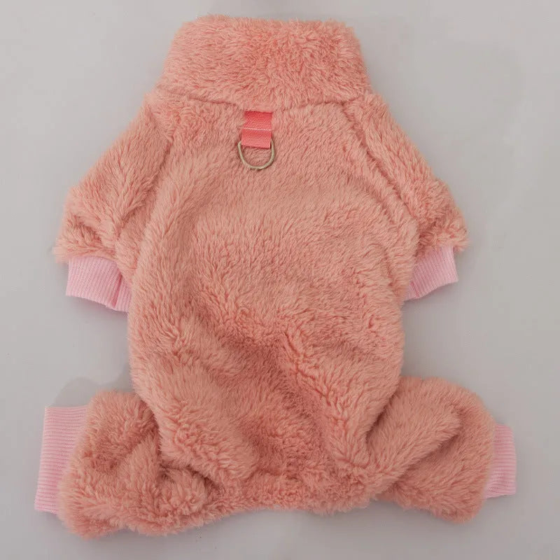 Four-legged dog clothing in blue with high collar and thick double-sided plush material for autumn and winter wear