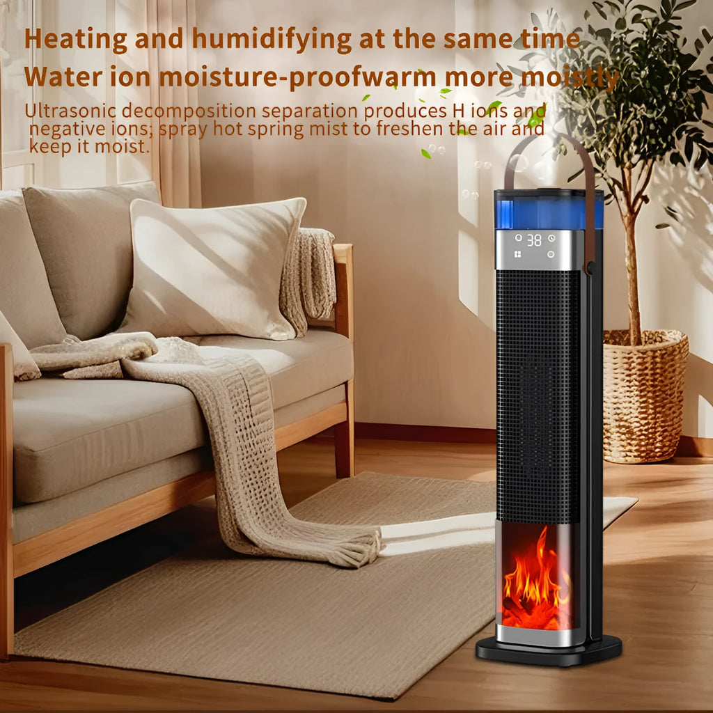 Tall, vertical PTC ceramic space heater with humidifier function and remote control.