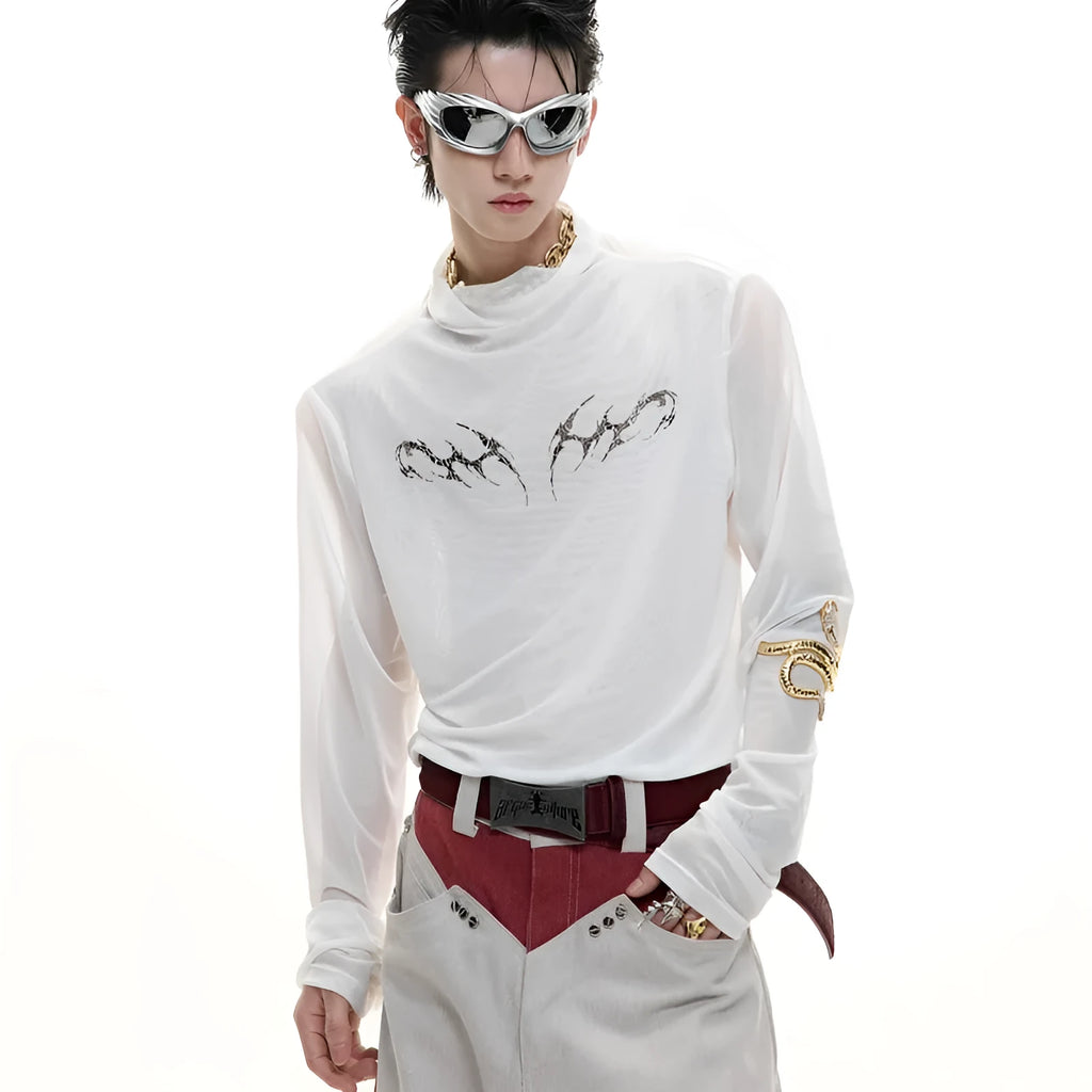Niche mesh slim fit long sleeve shirt for women in black, showing trendy subdivision style.