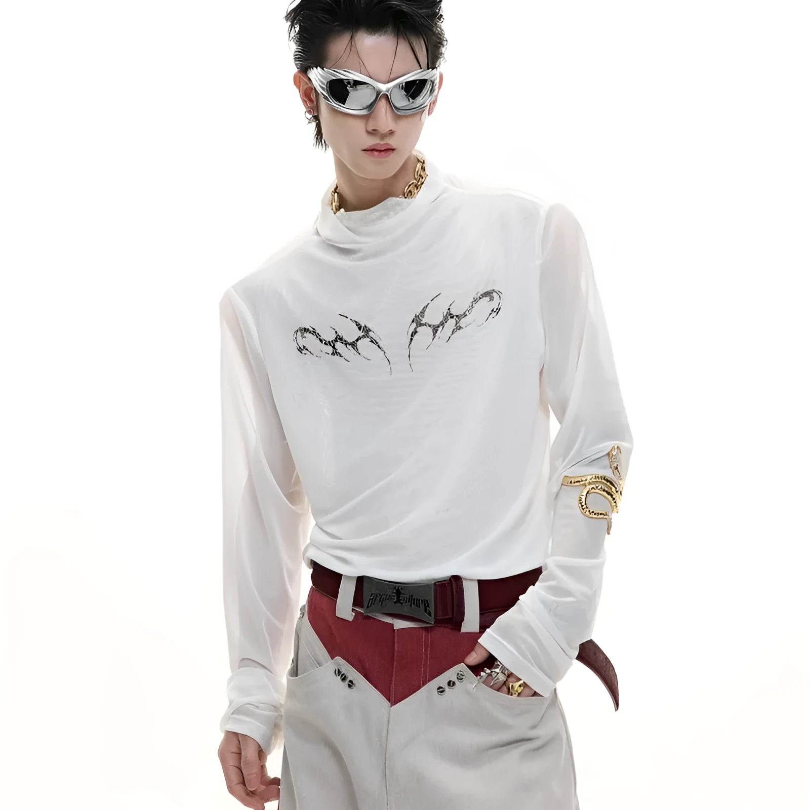 Niche mesh slim fit long sleeve shirt for women in black, showing trendy subdivision style.