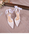 Women's French style sequin hollowed sandals with satin upper and pointed toe, white colour