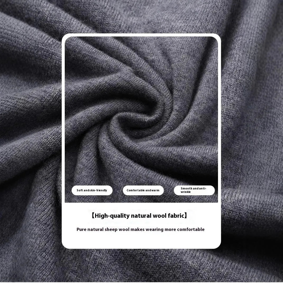 Men's wool pullover sweater in regular fit showing colour options including black, light grey, light camel, and green