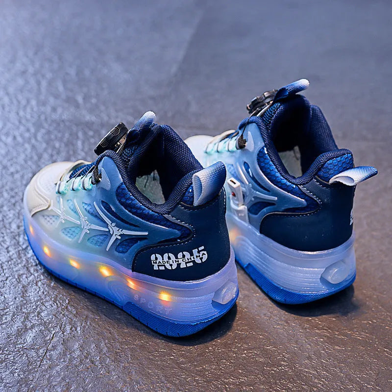 Blue children's roller skates with striped pattern and a rotating button closure on the side.