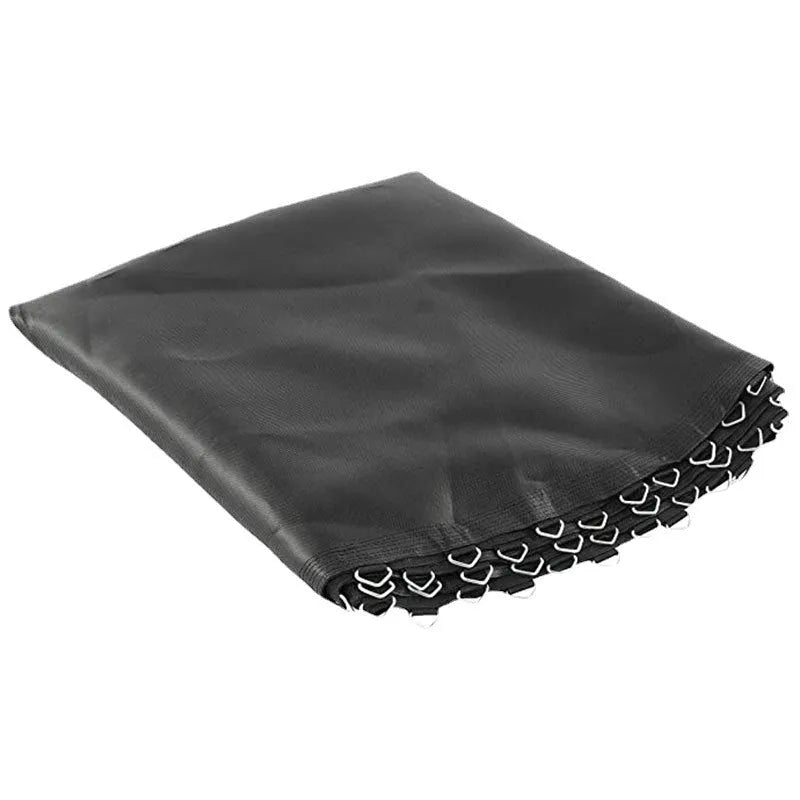 Round elastic trampoline replacement fabric with perimeter buttons for spring attachment.