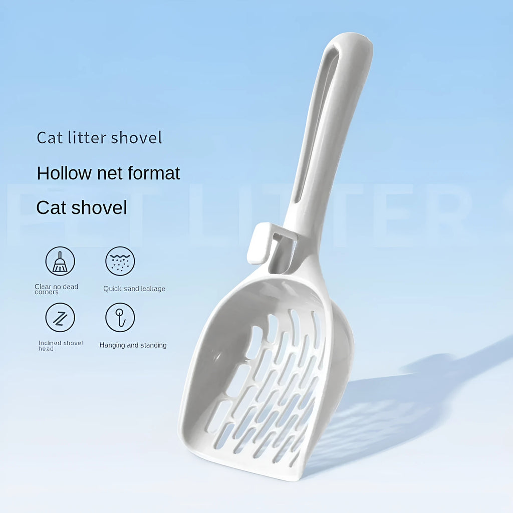 Grey plastic cat litter scoop sitting in its matching storage base