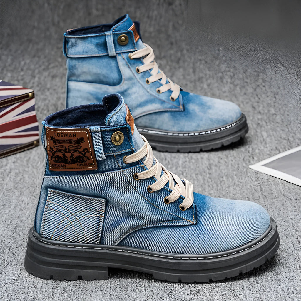 Plus size men's mid-top canvas Martin boots in black, round toe, PVC sole injection moulded