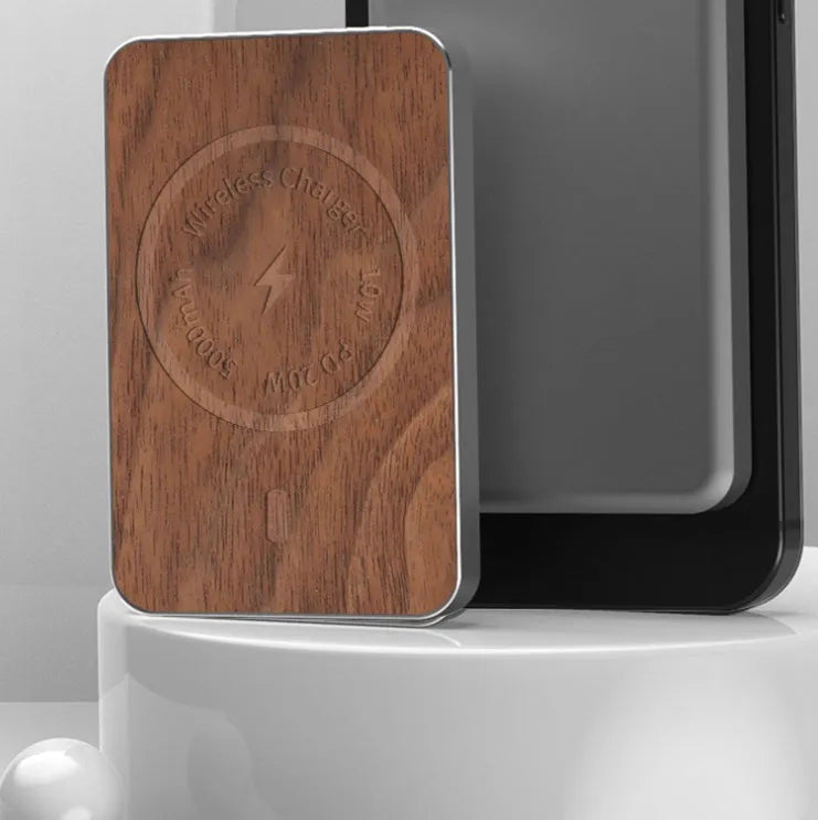 Khaki alloy wireless charging bank with magnetic suction showing 5000mAh capacity and USB port