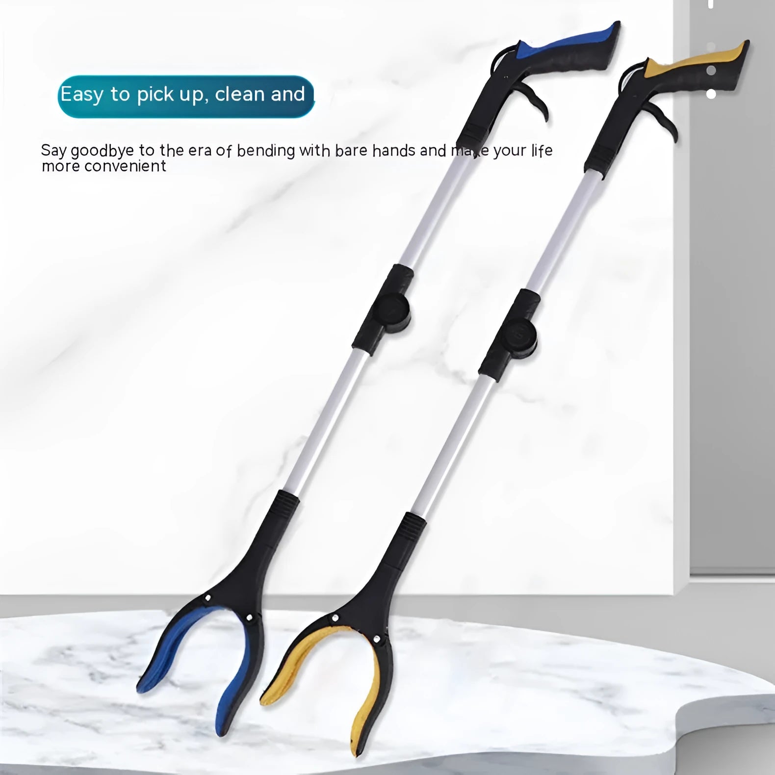 Foldable aluminium litter picker tool with magnet sucker, shown extended and with a blue handle.