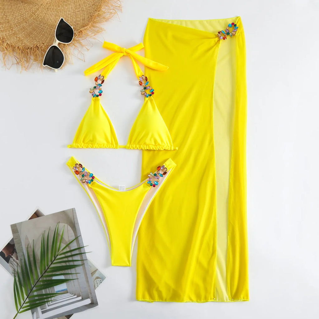 Women's three piece swimsuit bikini set with long mesh skirt in solid rose red or yellow colour