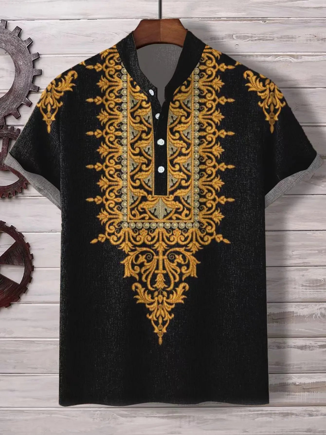 Men's loose fit striped casual button-down shirt in a handsome colour option on a hanger.