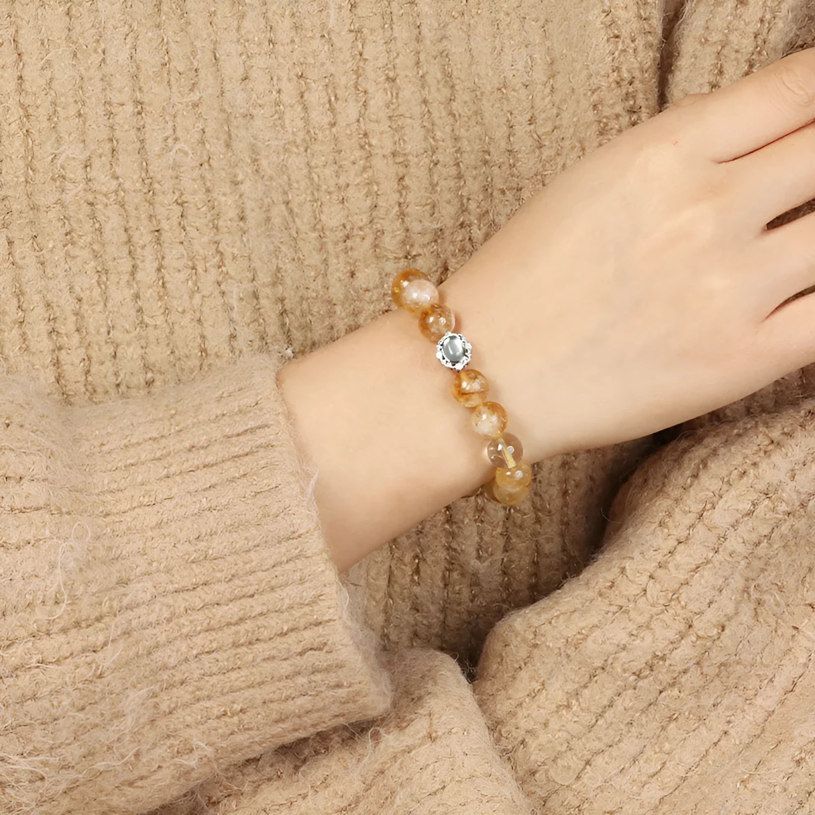 Geometric citrine crystal bracelet with 10mm beads and jewellery box