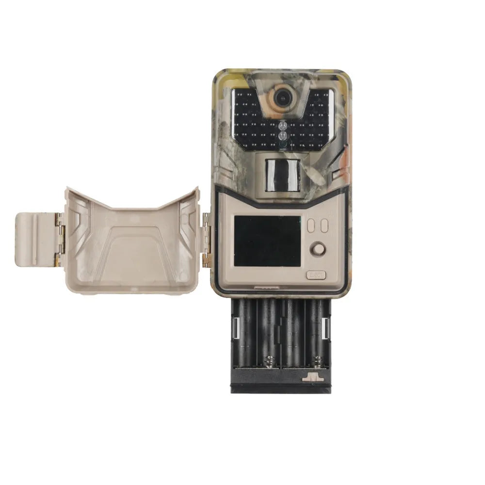 Camouflage outdoor Bluetooth trail camera with infrared LEDs for night vision, showing compact design.