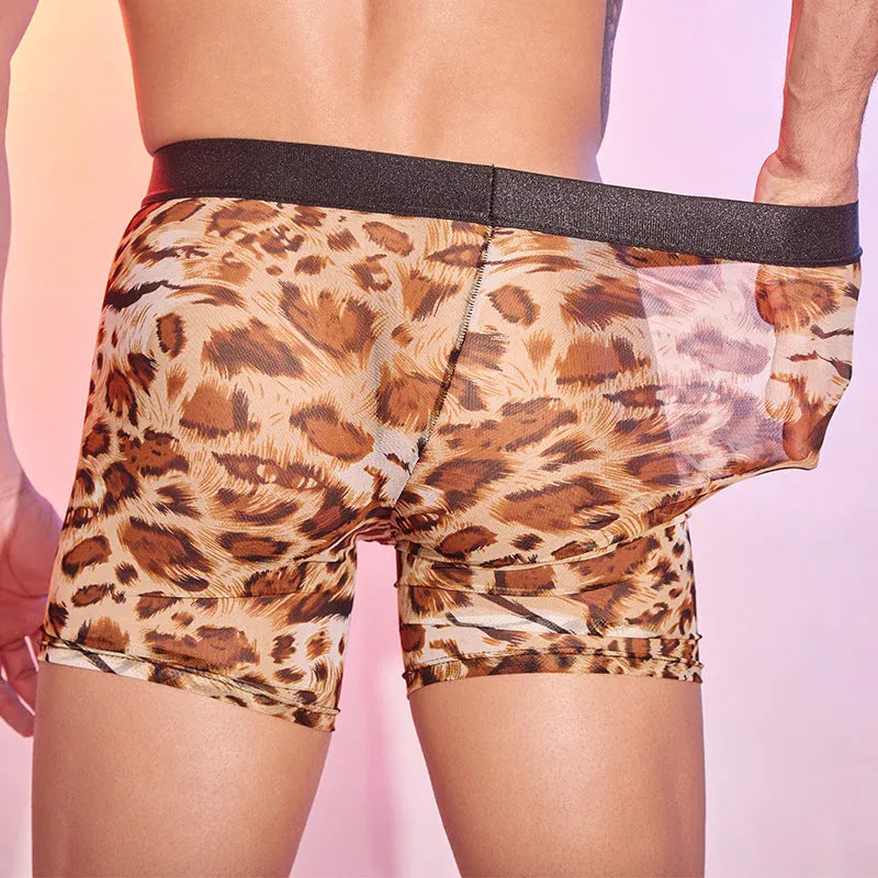 Men's leopard print boxer shorts with nylon fabric and free-size elastic construction