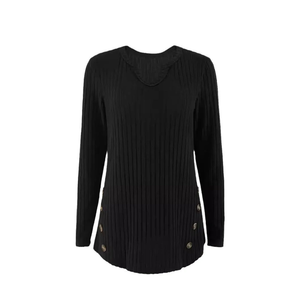 A solid colour casual knitted sweater with a button detail, shown in grey green.
