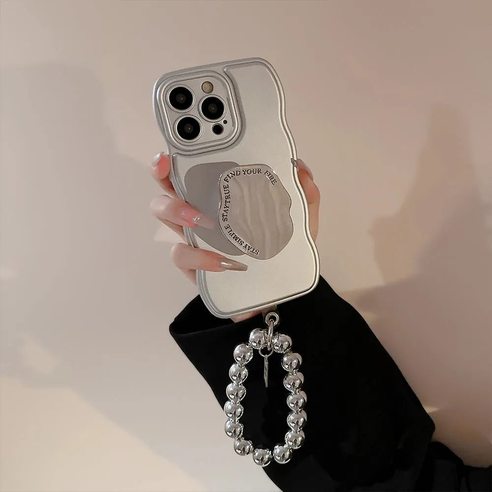 Niche metal silver electroplating bracket phone case for Apple iPhone with lanyard holder and hand bead, geometric art style