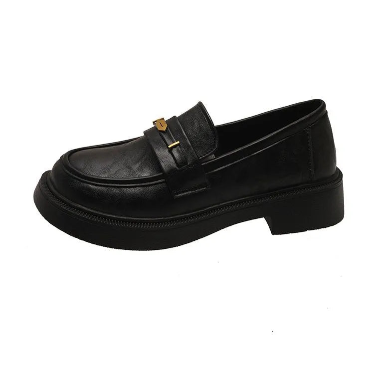 Women's metal commuter soft bottom small leather shoes in black with round toe and low top