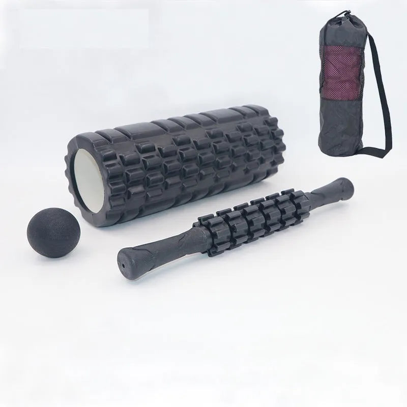 Black six-piece foam roller and massage bar set with 33cm stick for fitness recovery