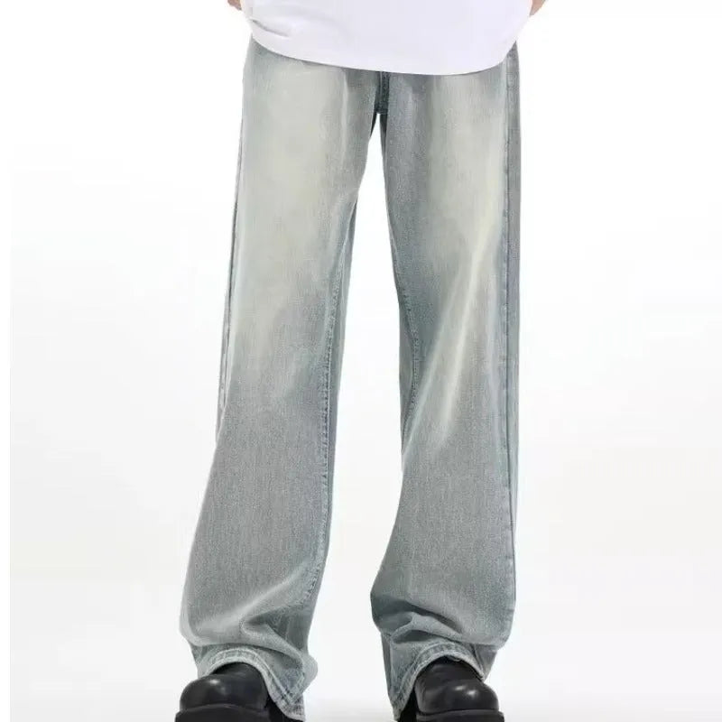Blue retro-style loose casual trousers made from rabbit fur fabric on a model