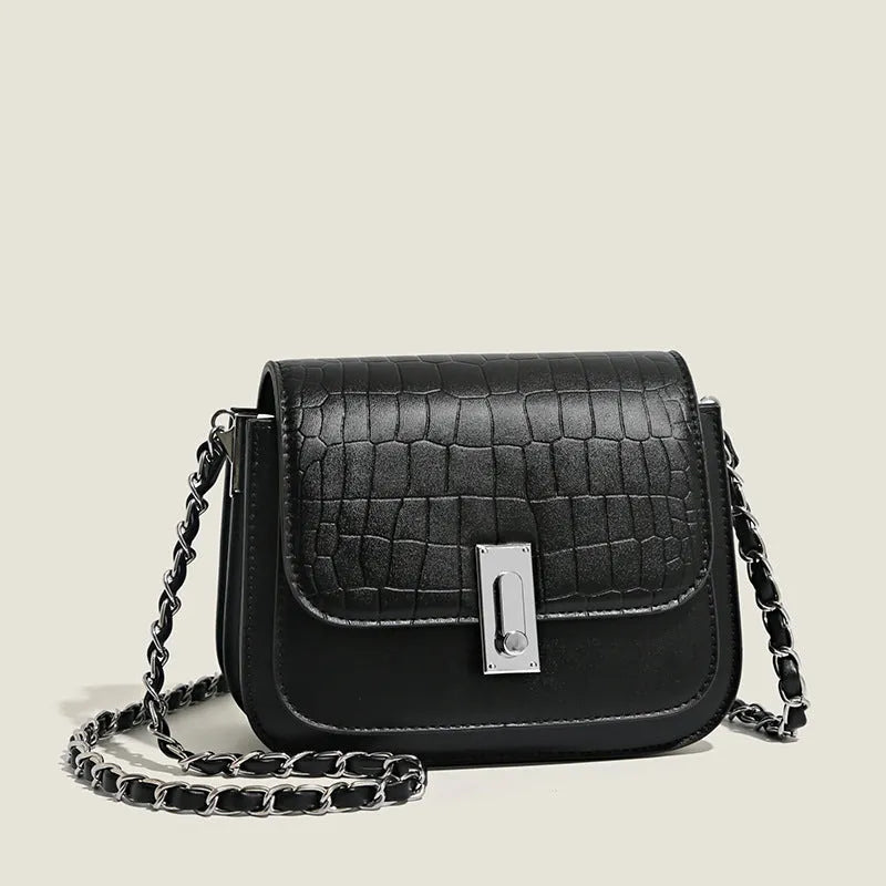 Women's soft PU chain shoulder bag in horizontal square shape with interior mobile phone pocket