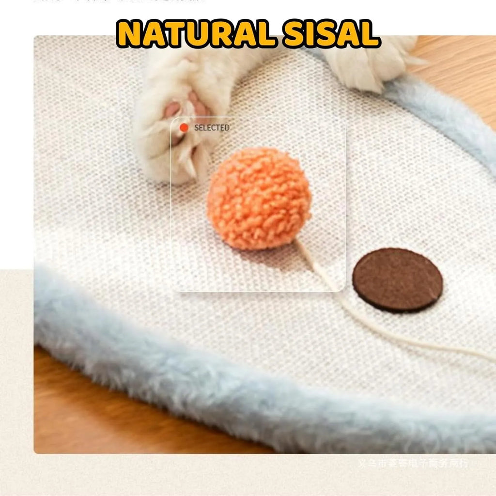 Wall-mounted natural sisal cat scratching mat with sleeping cat cartoon design