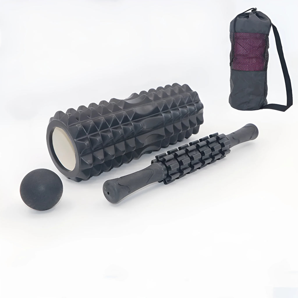 Black six-piece foam roller and massage bar set with 33cm stick for fitness recovery