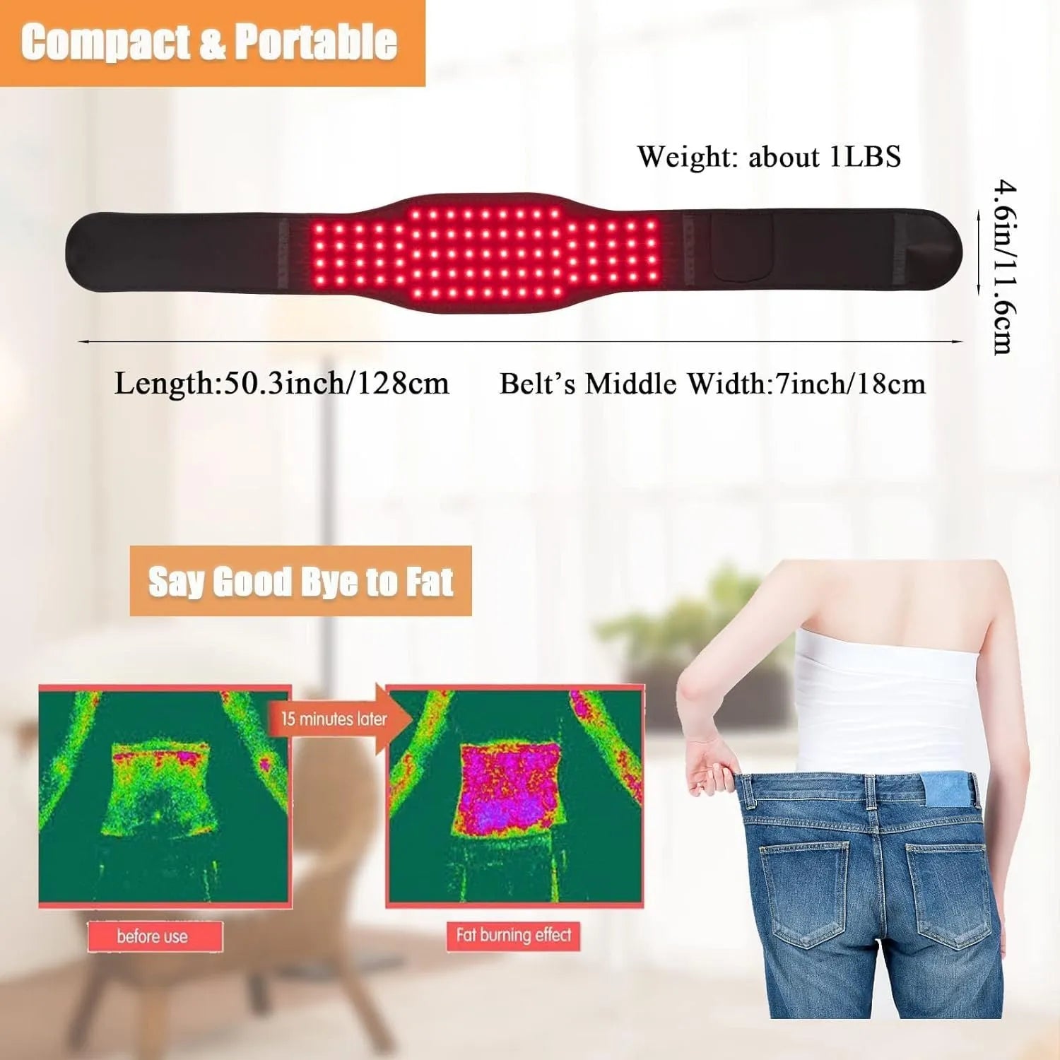 Black infrared therapy belt for waist pain relief with red light technology and international power plugs
