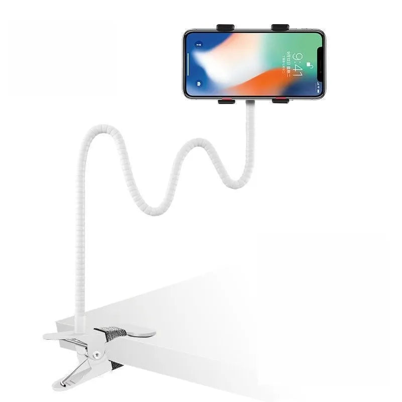 Metal lazy stand gadget with phone clip in black on a desk showing 95cm height and rotary head