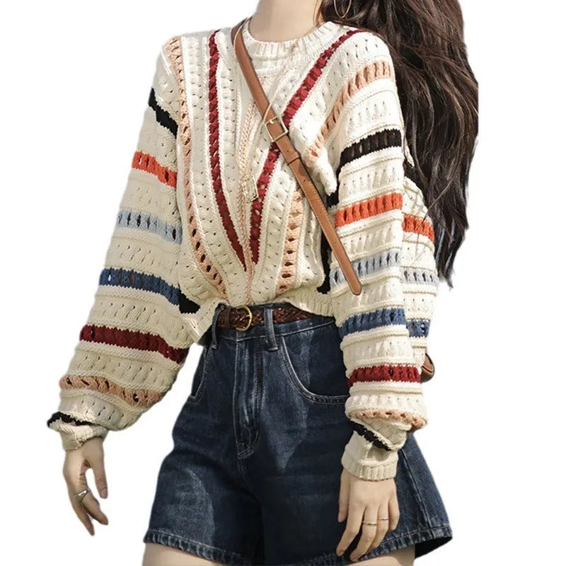 Colourful rainbow striped loose fit pullover sweater with batwing sleeves and hollow knit texture