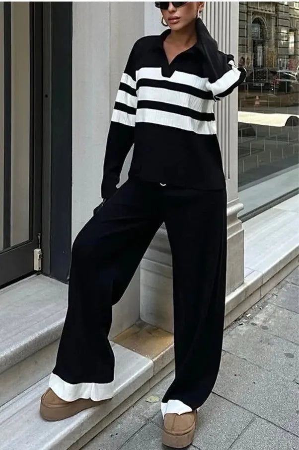 Women's black and white striped polo collar knitted shirt with matching trousers two-piece set