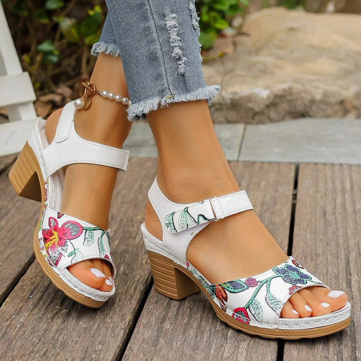 White women's high heel sandals with Velcro buckle fastening on rubber sole
