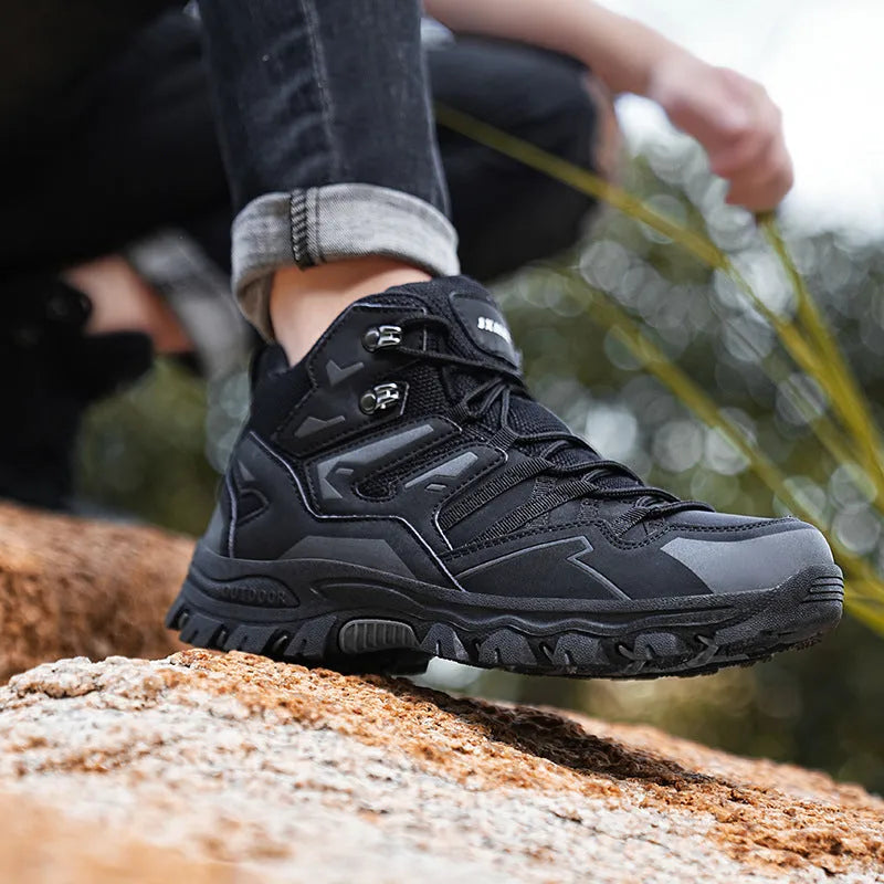 Same high-top outdoor hiking sneaker in multiple colours with lace-up front and natural rubber sole.