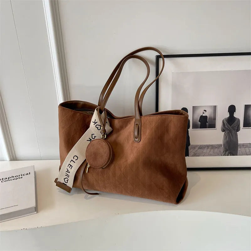 Soft polyester large capacity shoulder tote bag with multiple compartments in horizontal square shape