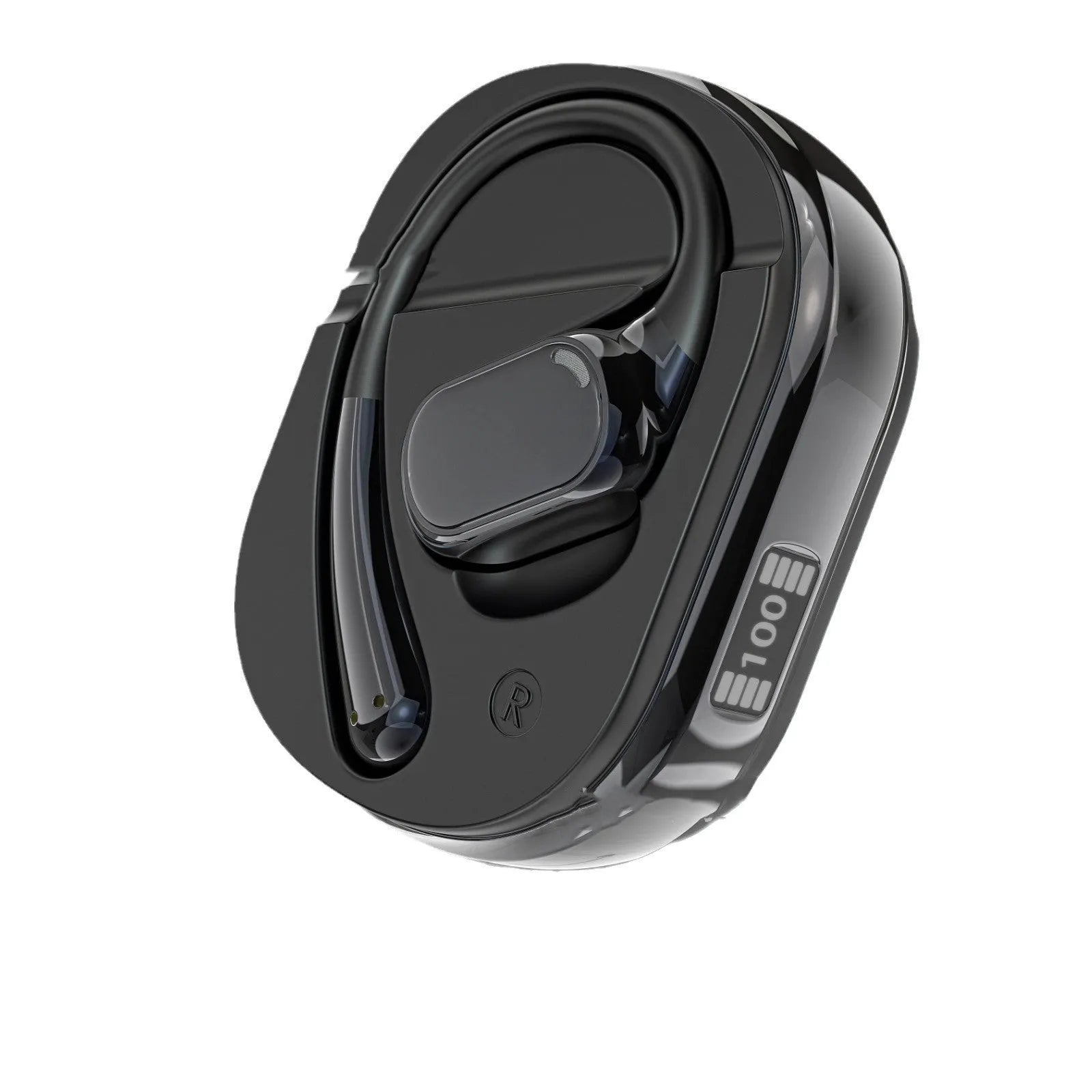 Wireless Bluetooth translation headphones in open ear-mounted design, OWS Black colour, compact and touch controlled