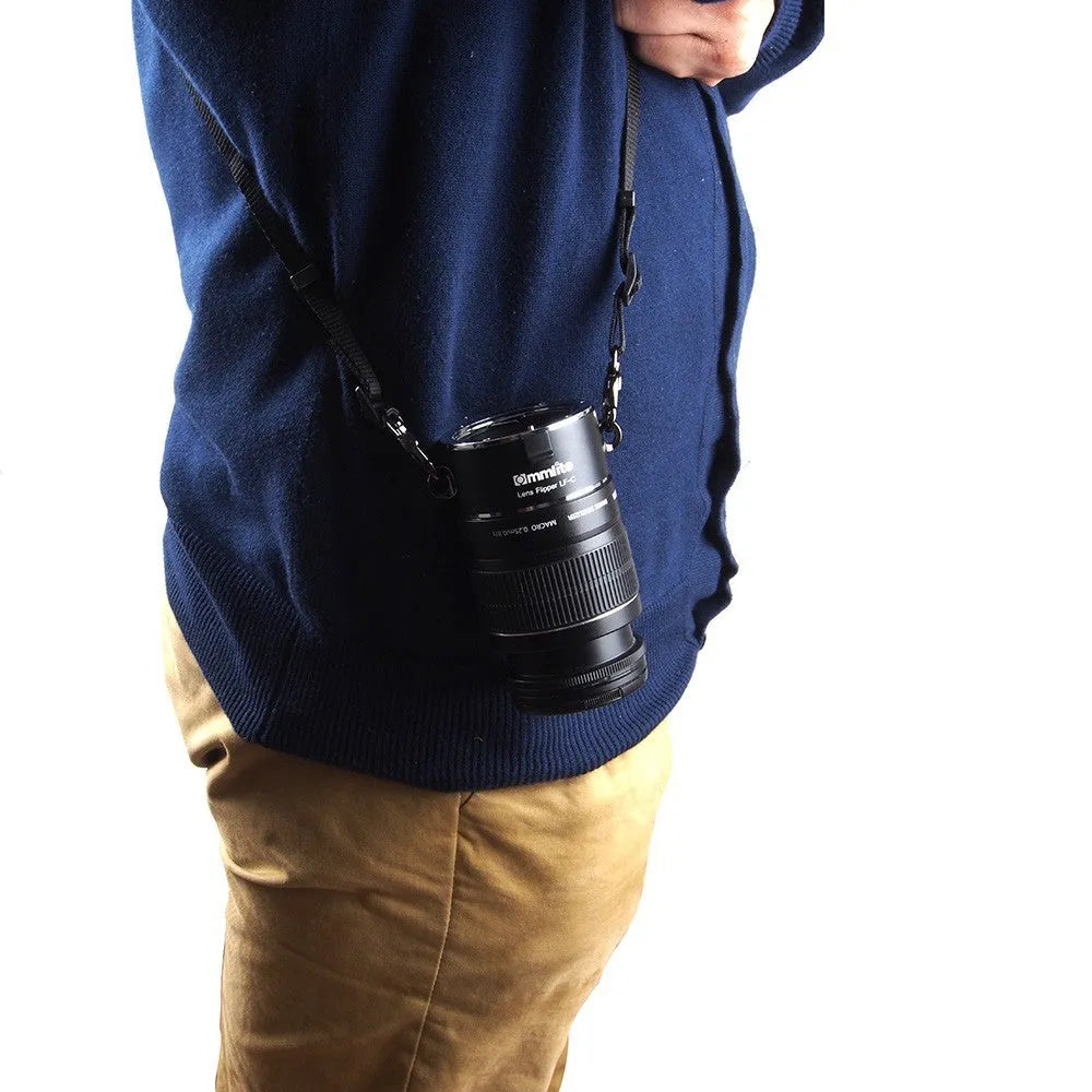 Aluminium alloy Nikon E-mount lens flipper dual holder with cotton shoulder strap for quick lens switching