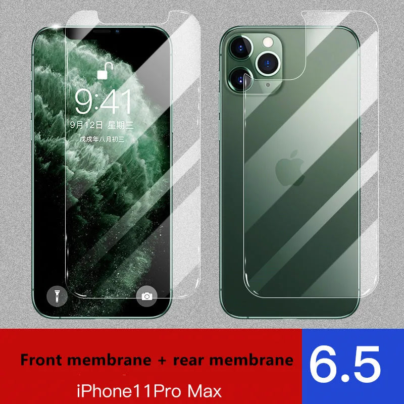 Apple iPhone tempered glass screen protector set showing front and rear film with true 10D explosion-proof construction