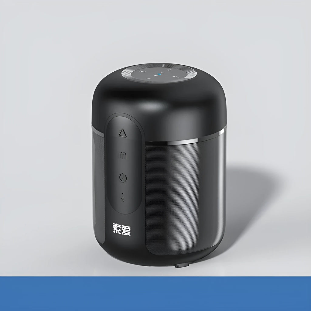 Black portable Bluetooth speaker with compact 72mm by 99mm dimensions showing connection ports