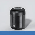 Black portable Bluetooth speaker with compact 72mm by 99mm dimensions showing connection ports
