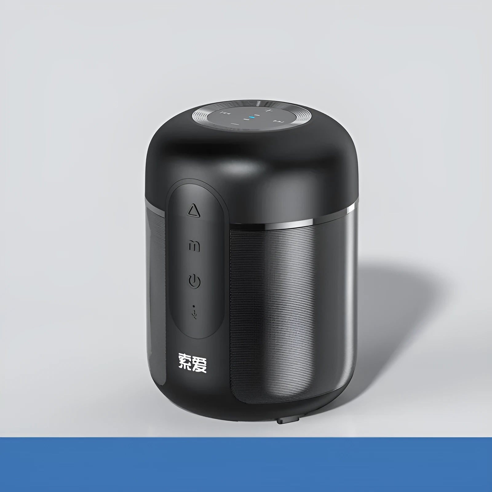 Black portable Bluetooth speaker with compact 72mm by 99mm dimensions showing connection ports