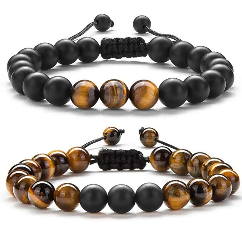 Matte black agate couple bracelets with geometric tiger eye beads
